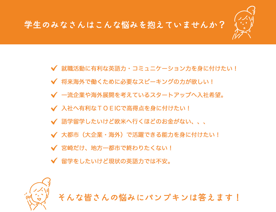 学生のみなさんはこんな悩みを抱えていませんか？？


	就職活動に有利な英語力・コミュニケーション力を身に付けたい！
	将来海外で働くために必要なスピーキングの力が欲しい！
	一流企業や海外展開を考えているスタートアップへ入社希望。
入社へ有利なＴＯＥICで高得点を身に付けたい！
	語学留学したいけど欧米へ行くほどのお金がない、、、
	大都市（大企業・海外）で活躍できる能力を身に付けたい！
	宮崎だけ、地方一都市だけで終わりたくない！
	留学をしたいけど現状の英語力では不安、、、

そんな皆さんの悩みにパンプキンは答えます！
